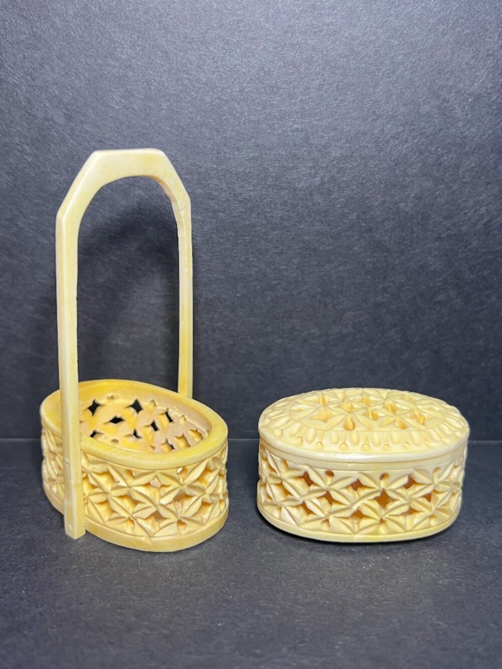 VTG Chinese Mini Hand Carved Bone Filigree Double Stacked Cricket Basket w/ Lid